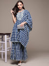 Anubhutee Women Blue Printed Pure Cotton Kurta with Sharara & With Dupatta