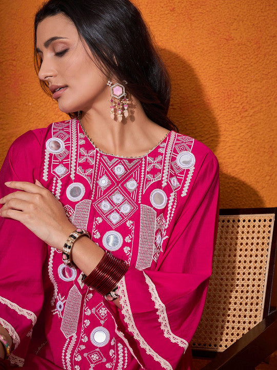 Sangria Floral Embroidered Regular Mirror Work A-Line Kurta with Palazzo