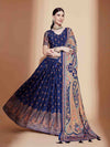 Odette Blue Chinon Semi Stitched Lehenga with Unstitched Blouse (Set of 3)