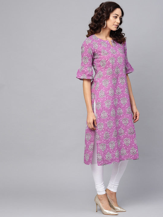 Women Purple & Off-White Printed Straight Kurta