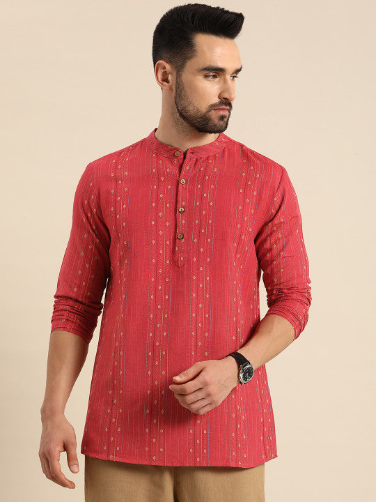 Anouk Men Coral Red Embroidered Mandarin Collar Short Kurta