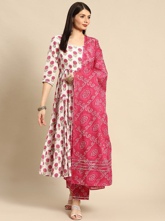 Women White Ethnic Motifs Printed Pure Cotton Kurta with Trousers & Dupatta