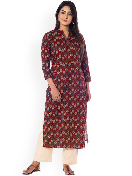 anayna Women Maroon & Beige Printed Straight Kurta