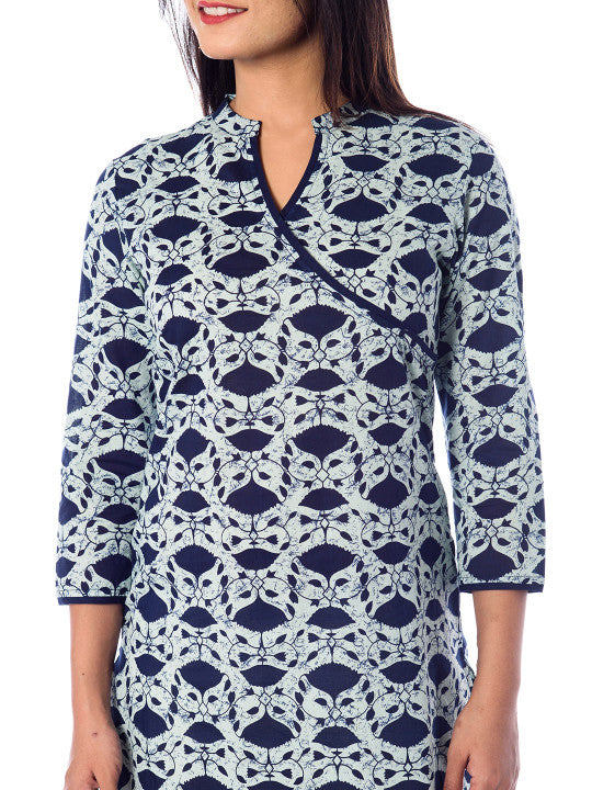 Women Navy Blue & Off-White Printed Straight Kurta