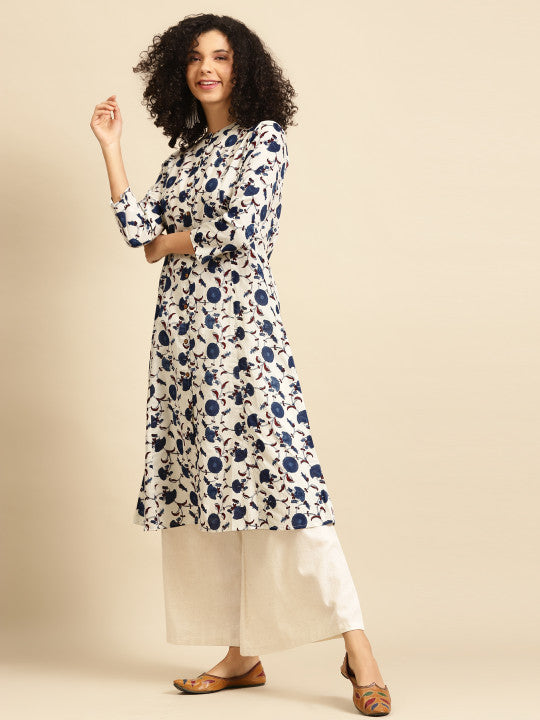 anayna Women White & Navy Blue Ethnic Motifs Screen Print Cotton Kurta