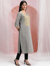 Vishudh Grey & Yellow Ethnic Motifs Yoke Design Thread Work Cotton Kurta