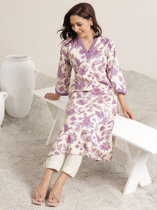 Libas Women Floral Printed Sequins Straight Kurta