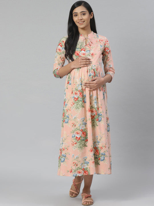 Women Peach-Coloured & Green Floral Printed Pure Cotton Maternity A-Line Dress