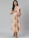 Anayna Women Peach-Coloured & Green Floral Printed Pure Cotton Maternity A-Line Dress
