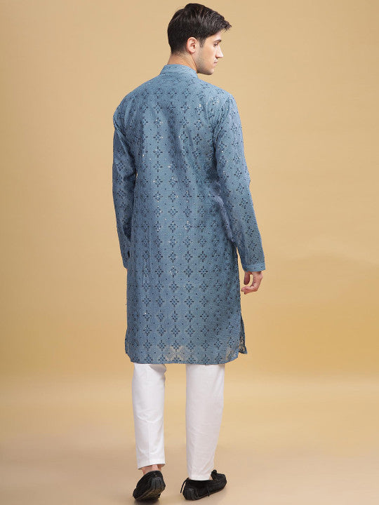 Turquoise Blue Embroidered Mandarin Collar Sequinned Lucknowi Cotton Straight Kurta