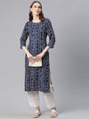 PIROH Womens Rayon Bandhani Print Straight Kurta Ink Blue