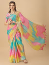 Sangria Colorblocked Printed Organza Saree With Tassel