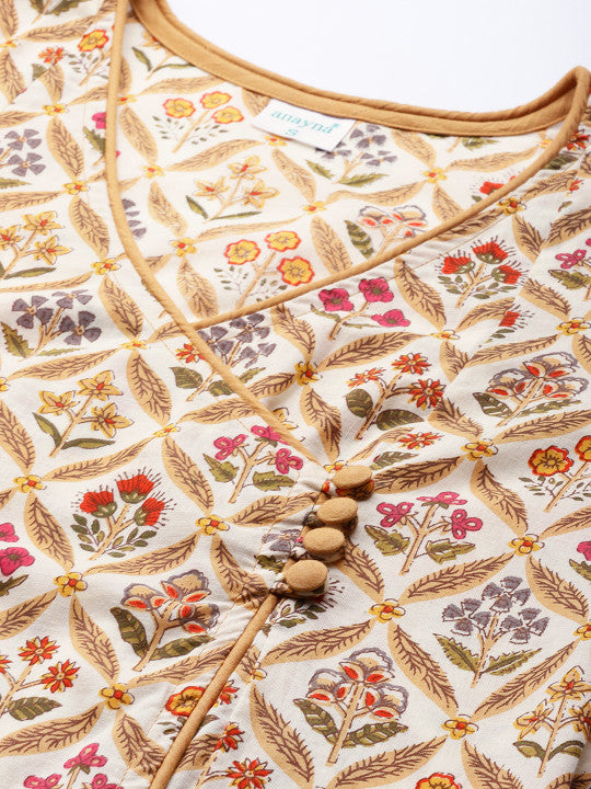 anayna Women White & Beige Pure Cotton Ethnic Motifs Printed Angrakha Kurta