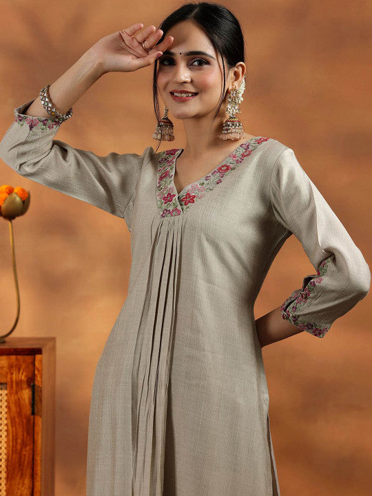 Libas Floral Yoke Design V-Neck Thread Work A-Line Kurta With Trousers And Dupatta