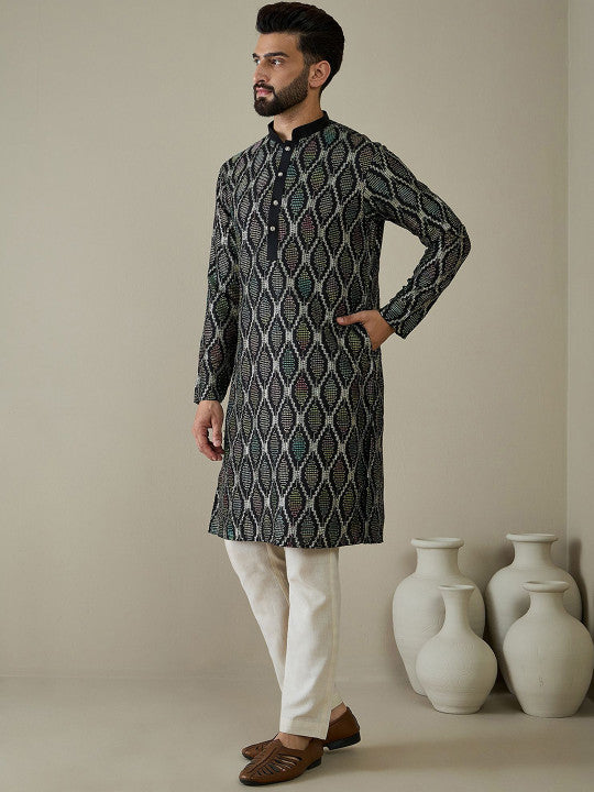 Anouk Black Ethnic Motifs Embroidered Mandarin Collar Straight Kurta