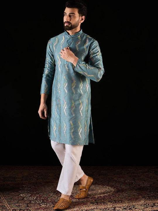 Anouk Teal Blue Geometric Gotta Patti Embroidered Mandarina Collar Straight Kurta