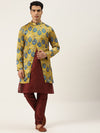 Sojanya Men Yellow & Maroon Solid Kurta Pyjama & Printed Sherwani Set