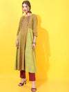 Vishudh Women Olive Green & Mustard Yellow Geometric Embroidered Kurta