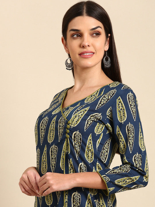 Women Navy Blue & Green Ethnic Motifs Printed Cotton Kurta