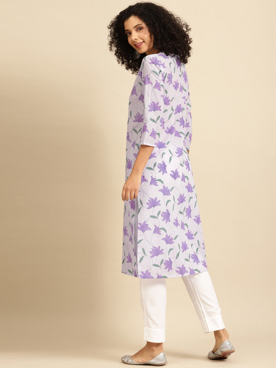 Women Lavender & Green Romantic Floral Print Cotton A-Line Pastel Kurta