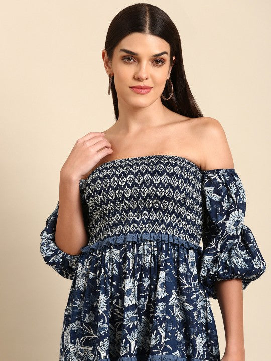 anayna Blue Floral Ethnic A-Line Cotton Midi Ethnic Dress