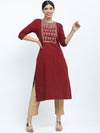 Vishudh Women Maroon Embroidered Yoke Design Straight Kurta