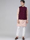 Anouk Men Peach Coloured & Burgundy Striped Kurta with Trousers & Nehru Jacket