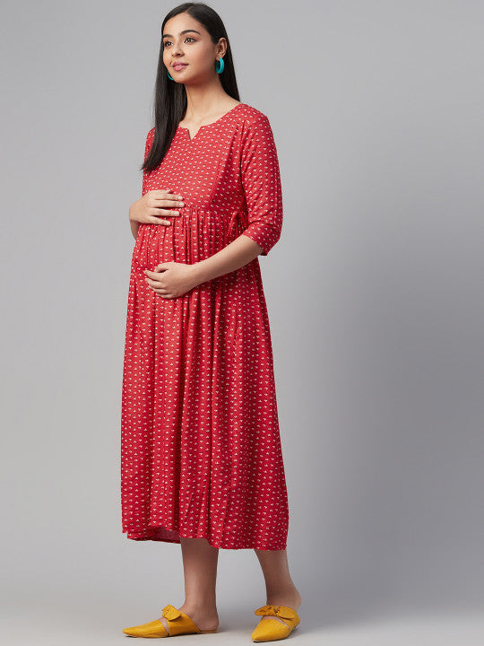 anayna Red & Off-White Ethnic Motifs Printed Maternity A-Line Dress