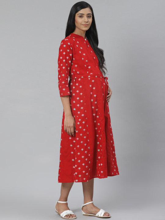 anayna Women Red & White Printed Pure Cotton Maternity A-Line Dress