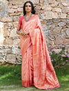 Janasya Peach-Coloured & Gold-Toned Floral Woven Design Zari Banarasi Saree