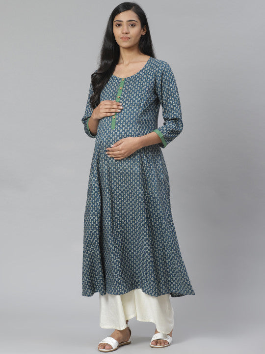 Women Navy Blue & Green Block Print A-Line Maternity Kurta