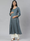 Anayna Women Navy Blue & Green Block Print A-Line Maternity Kurta