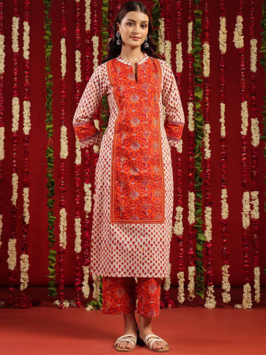 anayna Floral Printed Mandarin Collar Straight Pure Cotton Kurta With Trousers