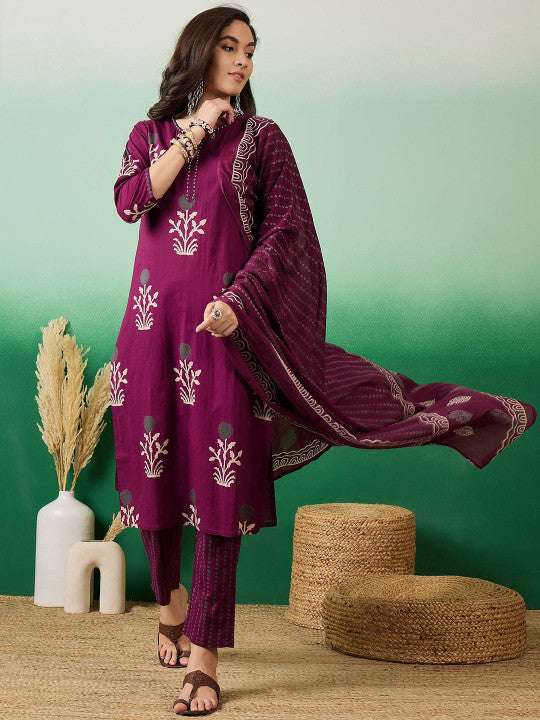 Sangria Printed Pure Cotton Straight Kurta With Trousers & Dupatta