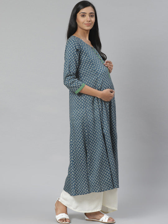 Women Navy Blue & Green Block Print A-Line Maternity Kurta