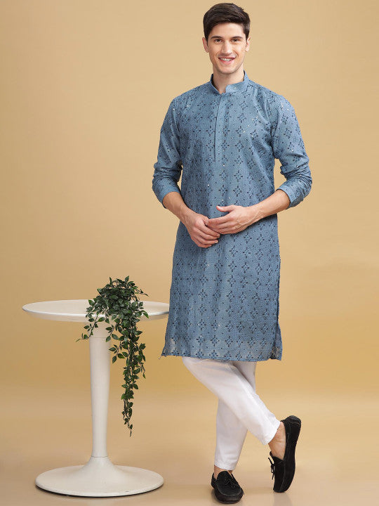 Turquoise Blue Embroidered Mandarin Collar Sequinned Lucknowi Cotton Straight Kurta