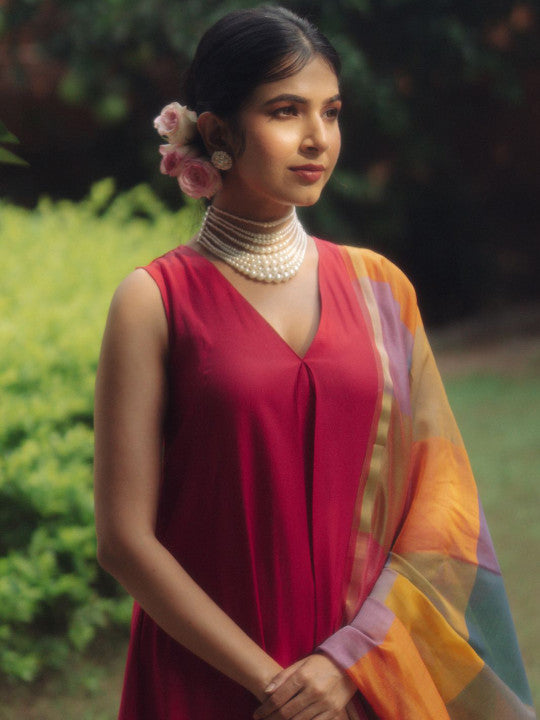 anayna V-Neck Regular Silk A-Line Kurta with Trousers & Dupatta