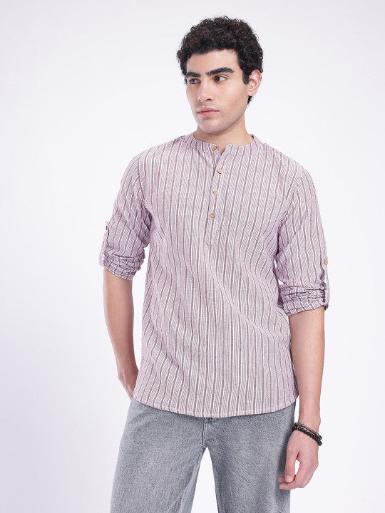 Anouk Rustic Band Collar Woven Design Striped Roll-Up Sleeves Kurta