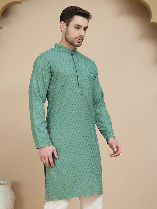 Anouk Men Embroidered Woven Design Mandarin Collar Knee Length Kurta