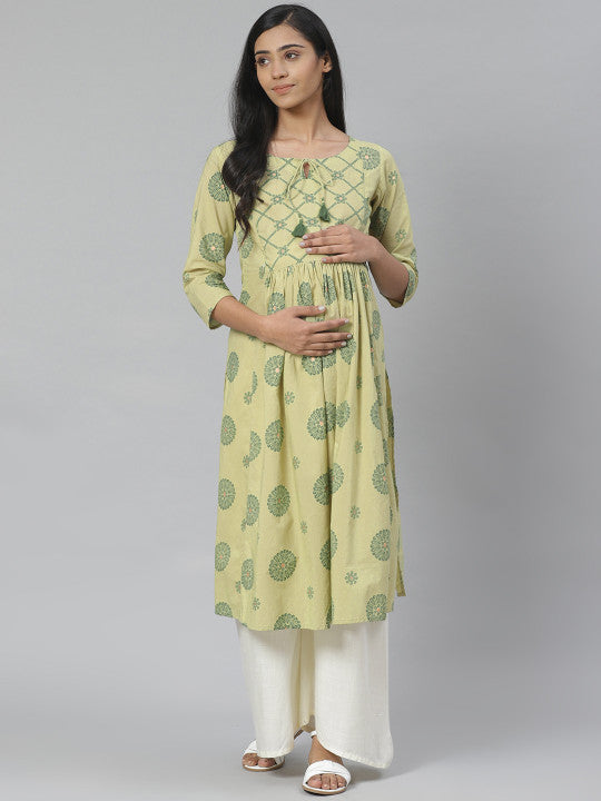 Women Green Printed Straight Pure Cotton Feeding Maternity Kurta