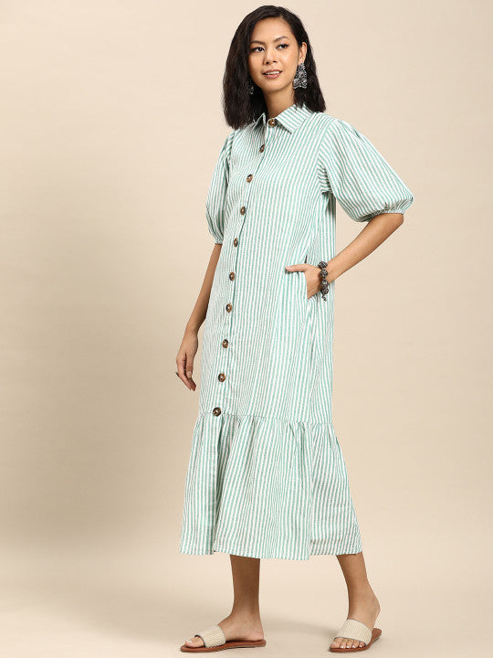 Striped Puff Sleeve A-Line Cotton Midi Dress