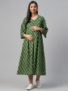 Anayna Women Green & Off-White Printed Maternity A-Line Dress