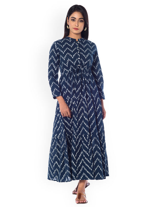 Women Blue Printed Fit and Flare Dress