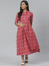 Anayna Maroon & Pink Printed Pure Cotton Maternity A-Line Dress