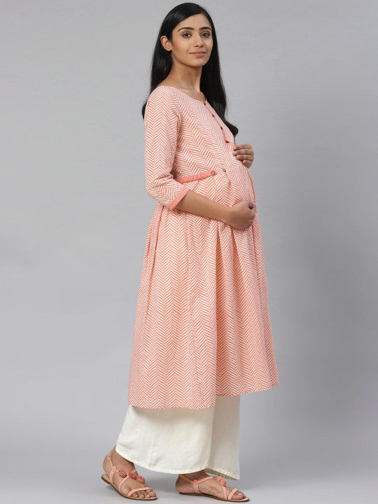 Women Peach-Coloured & Off-White Printed Pure Cotton Feeding Maternity A-Line Kurta