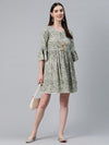 Readiprint Fashions Geometric Print Tie-Up Neck Bell Sleeves Embellished A-Line Dress