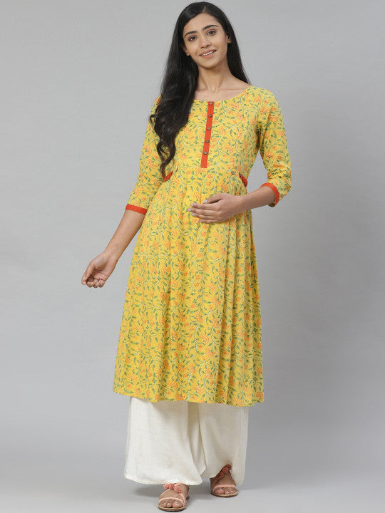 anayna Women Yellow & Green Printed Pure Cotton Feeding Maternity A-Line Kurta