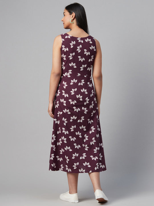 anayna Women Aubergine & White Tropical Print Maternity Wrap Dress
