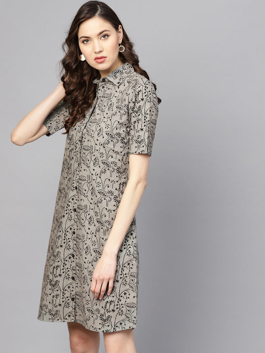 anayna Women Grey & Black Printed Shirt Dress