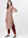 Vishudh Women Maroon & Beige Striped Band Collar Thread Work Kurta